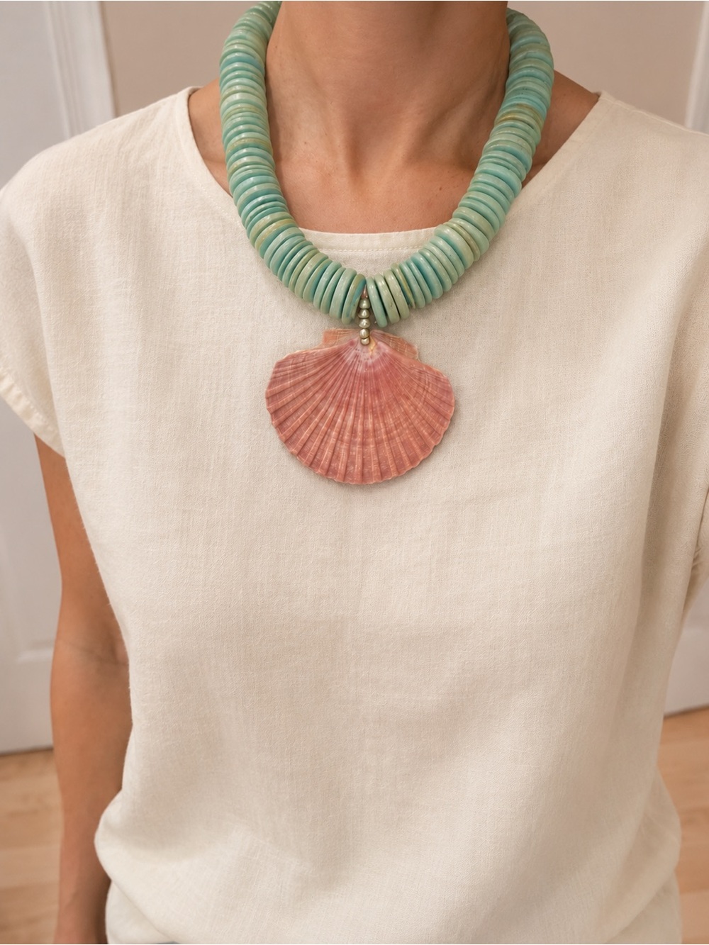 Mint Beaded Necklace with Coral Shell Pendant